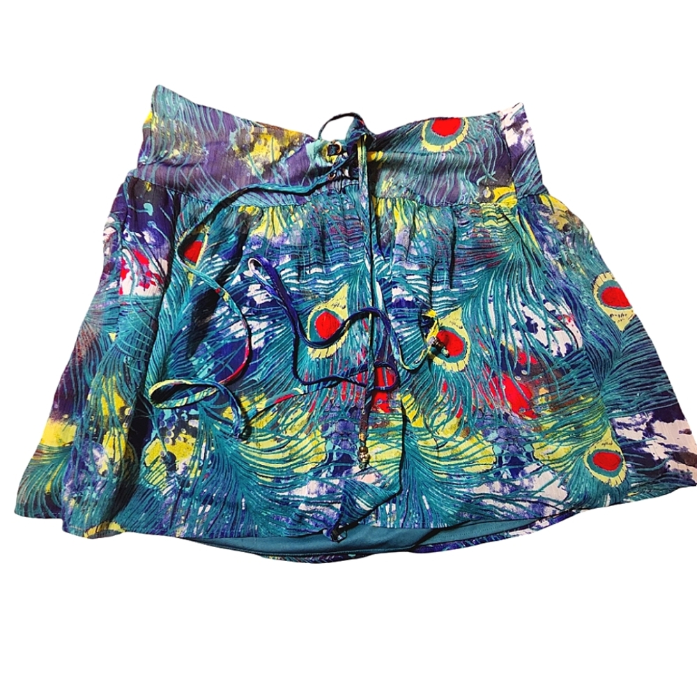 Vintage Y2K Steve Madden Adjustable Corset Tie Peacock Mini Skirt Side Zipper